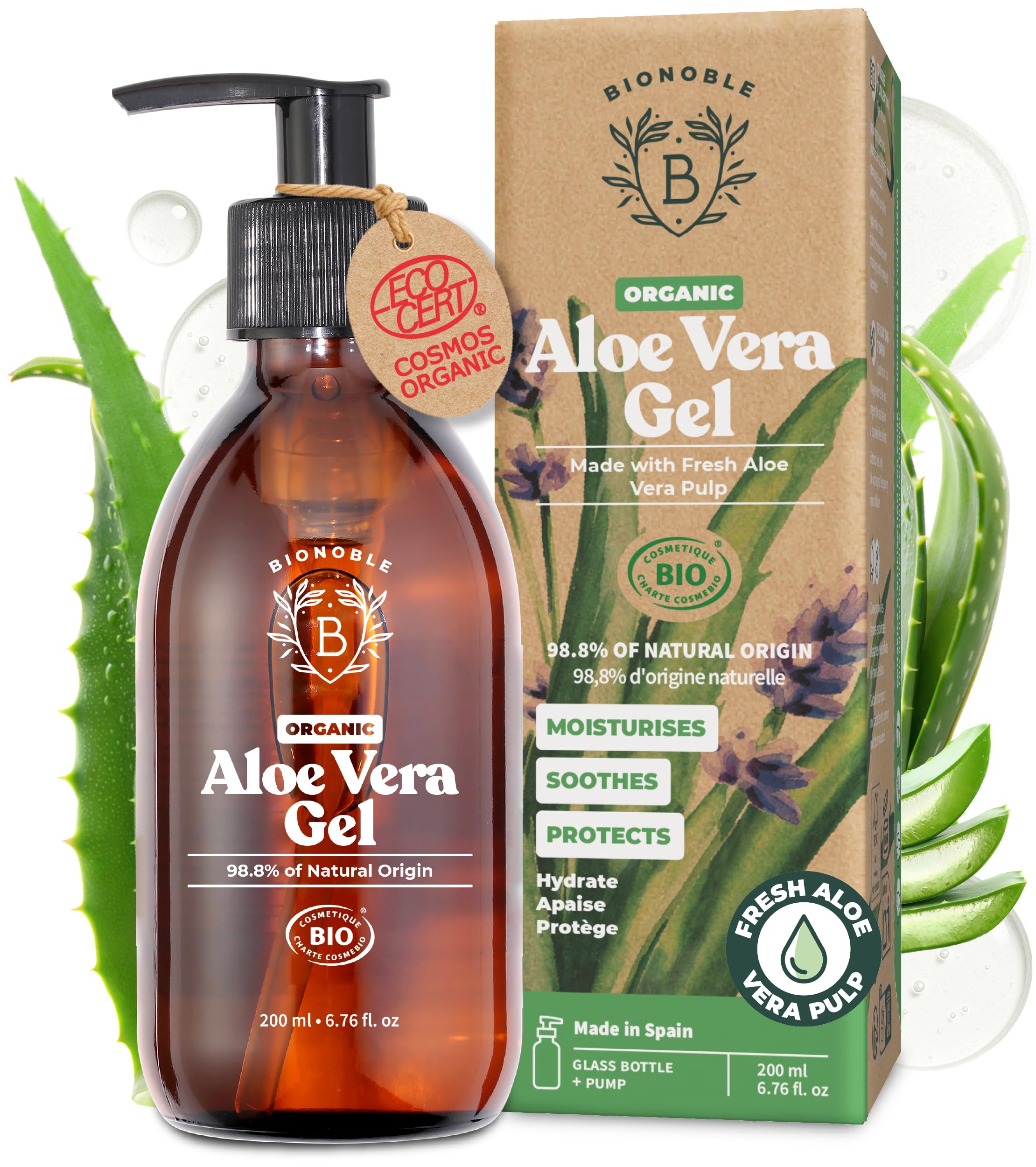 BIONOBLE Organic Aloe Vera Gel 97% with Lavender Essential Oil - Moisturiser Face, Hair, After Sun - Aloe Vera Gel 100 Pure from Fresh Leaves - Fast Absorbing, Non Sticky - Glass Bottle, Pump - 200ml