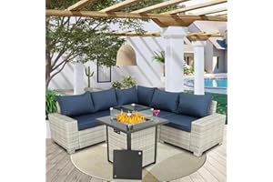 BPTD Outdoor Patio Furniture Set Balcony Furniture PE Rattan Wicker Outdoor Sectional with Washable Cushion and Fire Pit Table for Garden, Poolside, Balcony, Backyard (Gray-Navy Blue)