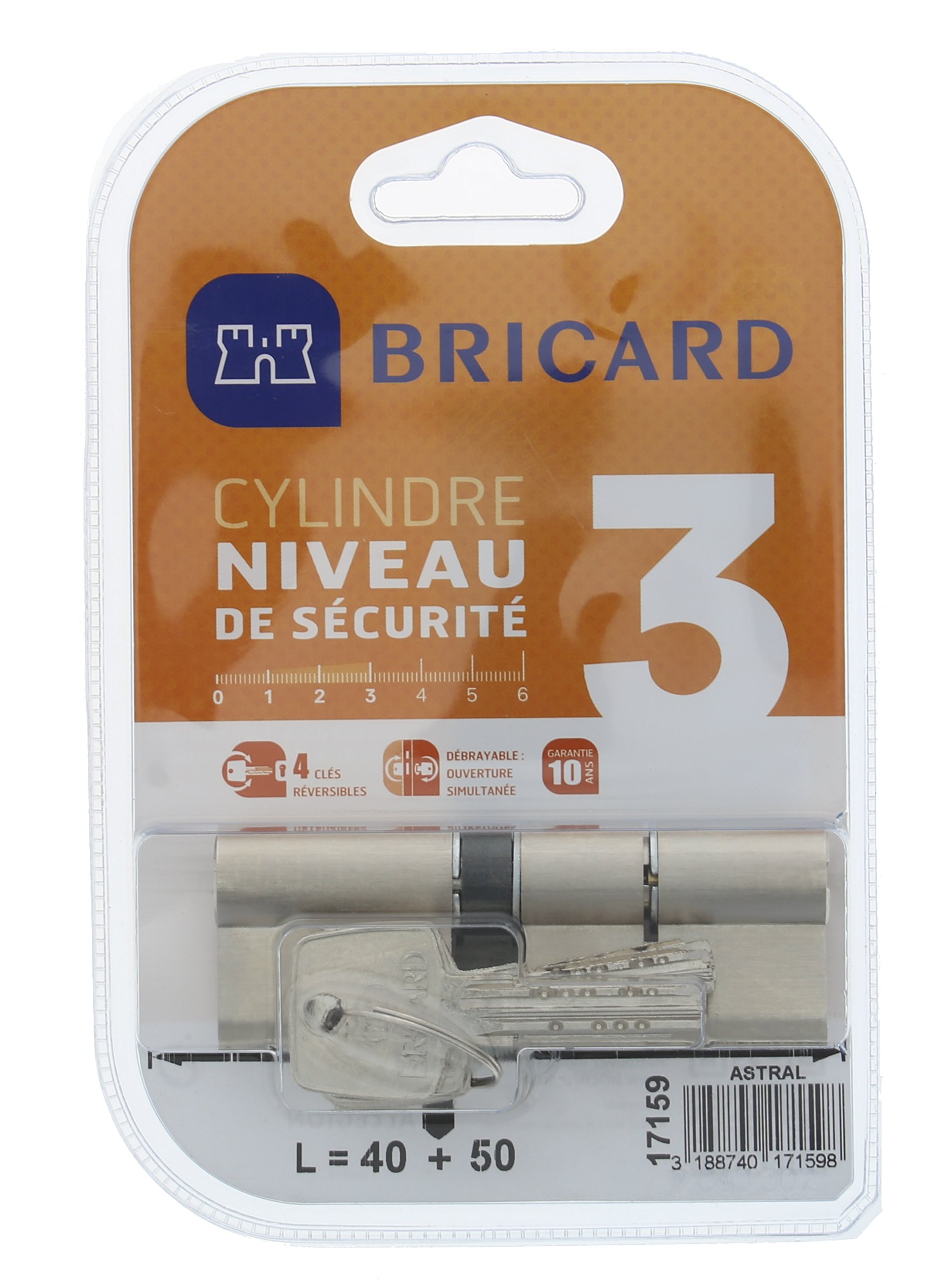 BRICARD 17159 Double Astral 2.9 10 Nickel-Plated Brass Cylinder Piston Input, Protection Against Drilling and Personal Protection. Card, Nickel-Plated, Steel, 90 = 40 + 50