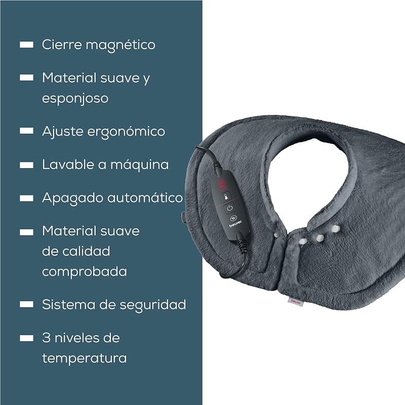 Almofada elétrica acolhedora HK 66 para o ombro e pescoço, almofada elétrica de forma anatómica com fecho magnético, 3 níveis de temperatura com mecanismo de desconexão automática, lavável