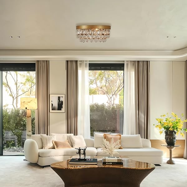 15″ ANTIQUE BRASS ROUND CRYSTAL CEILING LIGHT, LUXURY CRYSTAL RAINDROP SEMI FLUSH MOUNT CEILING LIGHT FIXTURE, MODERN MINI CHANDELIER FOR BEDROOM, HALLWAY, ENTRYWAY (BRASS)