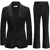 Lamgool Women Pantsuit Dressy Silver Thread Velvet 2 Piece Suit Set Blazer and Flared Pants