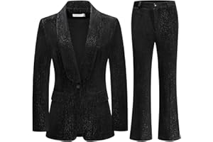 Lamgool Women Pantsuit Dressy Silver Thread Velvet 2 Piece Suit Set Blazer and Flared Pants
