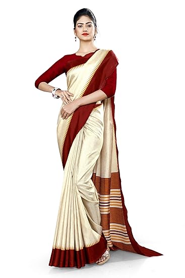 Uniform Sarees Corp Womens Gala Border Polycotton CotFeel Office Uniform Saree With Blouse (Beige;Maroon)