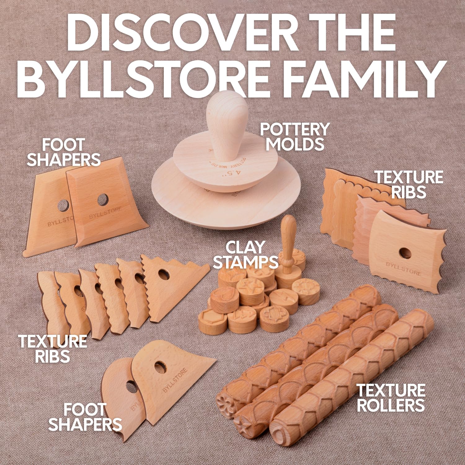 Byllstore Pottery Ribs & Trimming Tools | 2 Foot Shaper Tools | 4 Clay Texture Ribs | Solid Beech Wood | Several Pack Options (6-Pack)