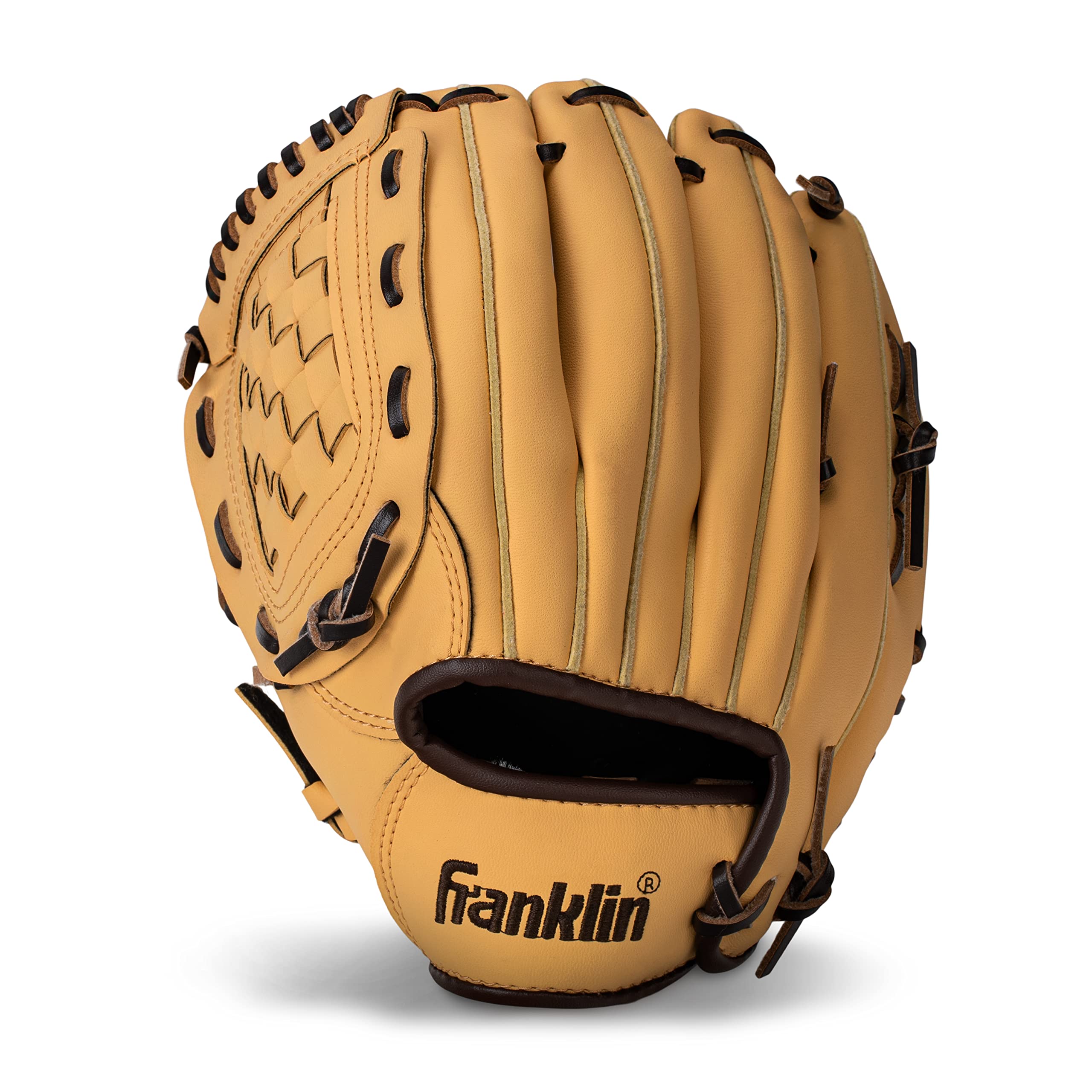 Franklin Sports Baseball + Softball Glove – Field Master Baseball + Softball Mitt – Youth Glove – Left Hand Throw – 10″ – Camel Brown