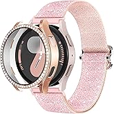 wipalor Galaxy Watch 7 40mm Bands for Samsung Watch Bands for Women with Bling Diamonds Case, 20mm Watch Band Women Bling Sparkly Stretchy Nylon Galaxy Watch Bands for Samsung Watch Bands 7-Pink