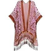 WeHello Women's Burnout Velvet Kimono Long Cardigan Cover Up With Tassel