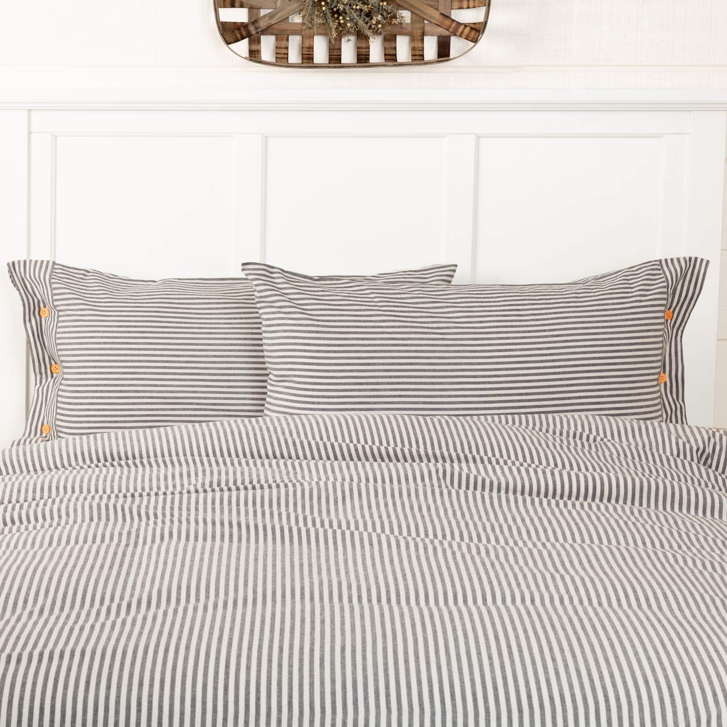 Piper Classics Farmhouse Ticking Stripe Gray King Size Pillow Sham, 21" x 37", Bed Pillow Cover w/Buttons, Farmhouse Bedding
