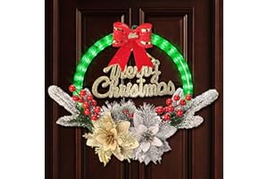 BLOOMWIN Christmas Wreaths for Front Door - 11'' Christmas Wreath with Lights, Flowers Picks, Green Prelit Garland Christmas Decorations Indoor for Windows, Mantle, Battery Operated or Charging Port