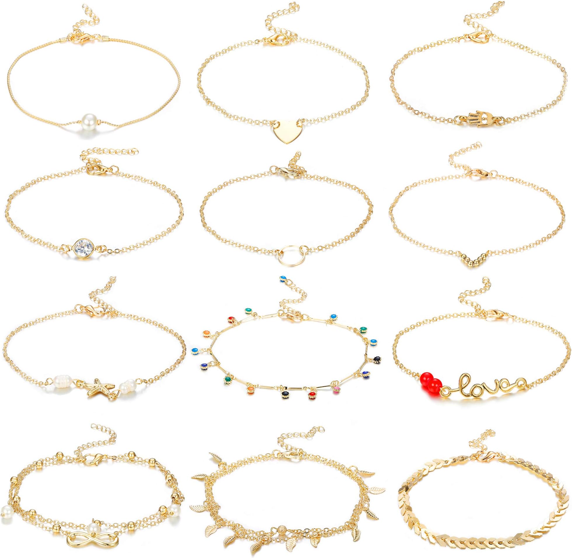 12Pcs Ankle Bracelets for Women Girls Gold Tone Beach Anklet Foot Chains Bracelets Jewelry Set Adjustable