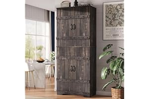 Jocisland 72" Tall Farmhouse Kitchen Pantry with Rivet Barn Doors, Rustic Wood Cupboard Storage Cabinet/w Drawer & Adjustable