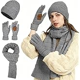 Cold Weather Scarves, Winter Hat Gloves Scarf Set, Knit Beanie Hat with Scarf & Touchscreen Gloves for Men Women, Black