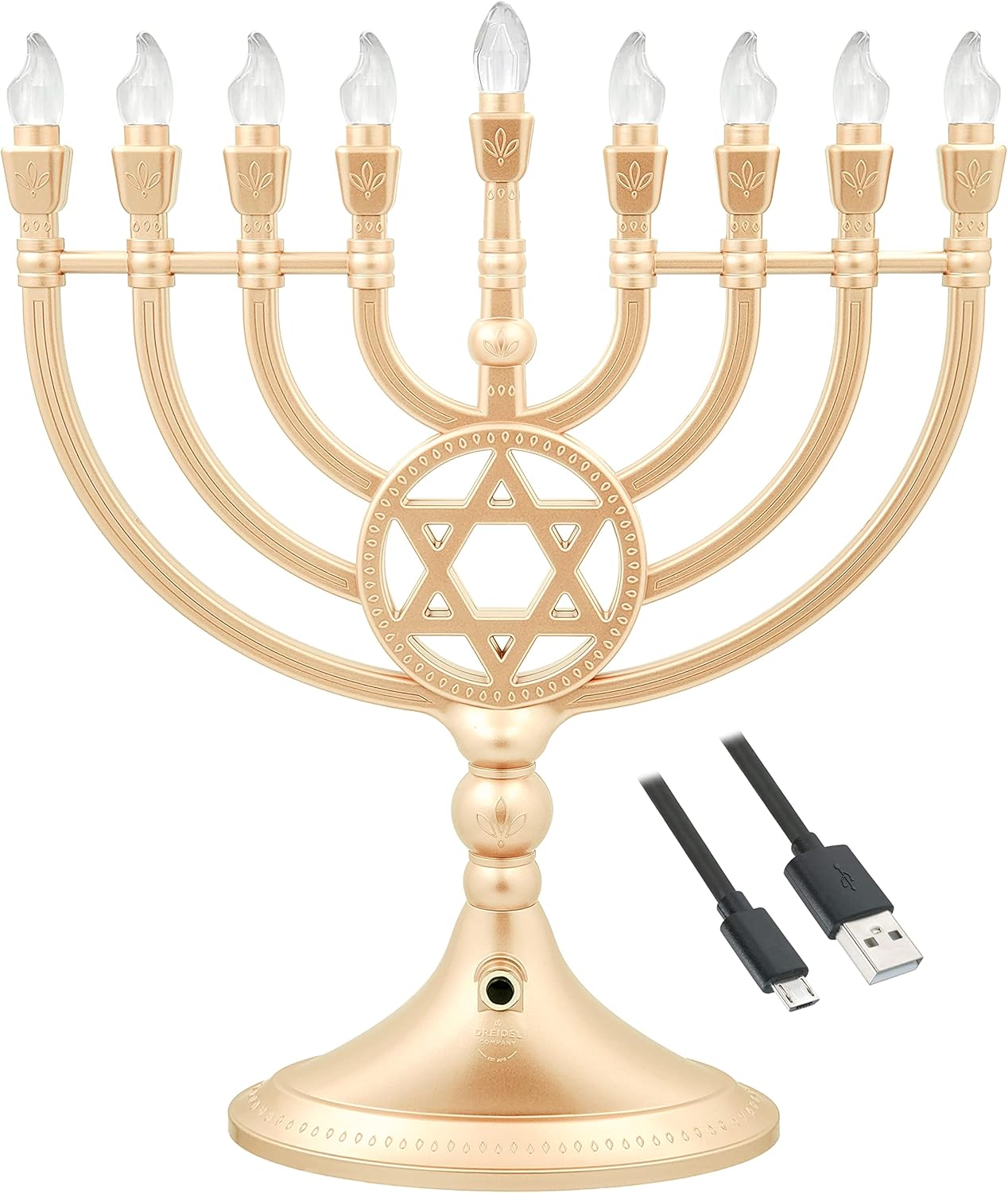 Candles & Holders - Traditional LED Electric Hanukkah Menorah with Crystals - Battery or USB Powered - Includes a Micro USB 4' Charging Cable (Gold Hanukkah Menorah with Crystals)