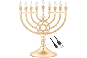 The Dreidel Company Traditional LED Electric Gold Hanukkah Menorah - Large Size 13-Inches Tall Battery or USB Powered - Includes a Micro USB Charging Cable