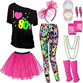 Vabean 19 Pcs 80s Costume Set T Shirt Leggings Tutu Skirt Headband Necklace Bracelets Earrings Gloves Leg Warmers for Women