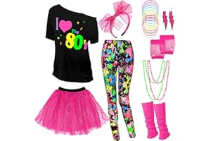 Vabean 19 Pcs 80s Costume Set T Shirt Leggings Tutu Skirt Headband Necklace Bracelets Earrings Gloves Leg Warmers for Women