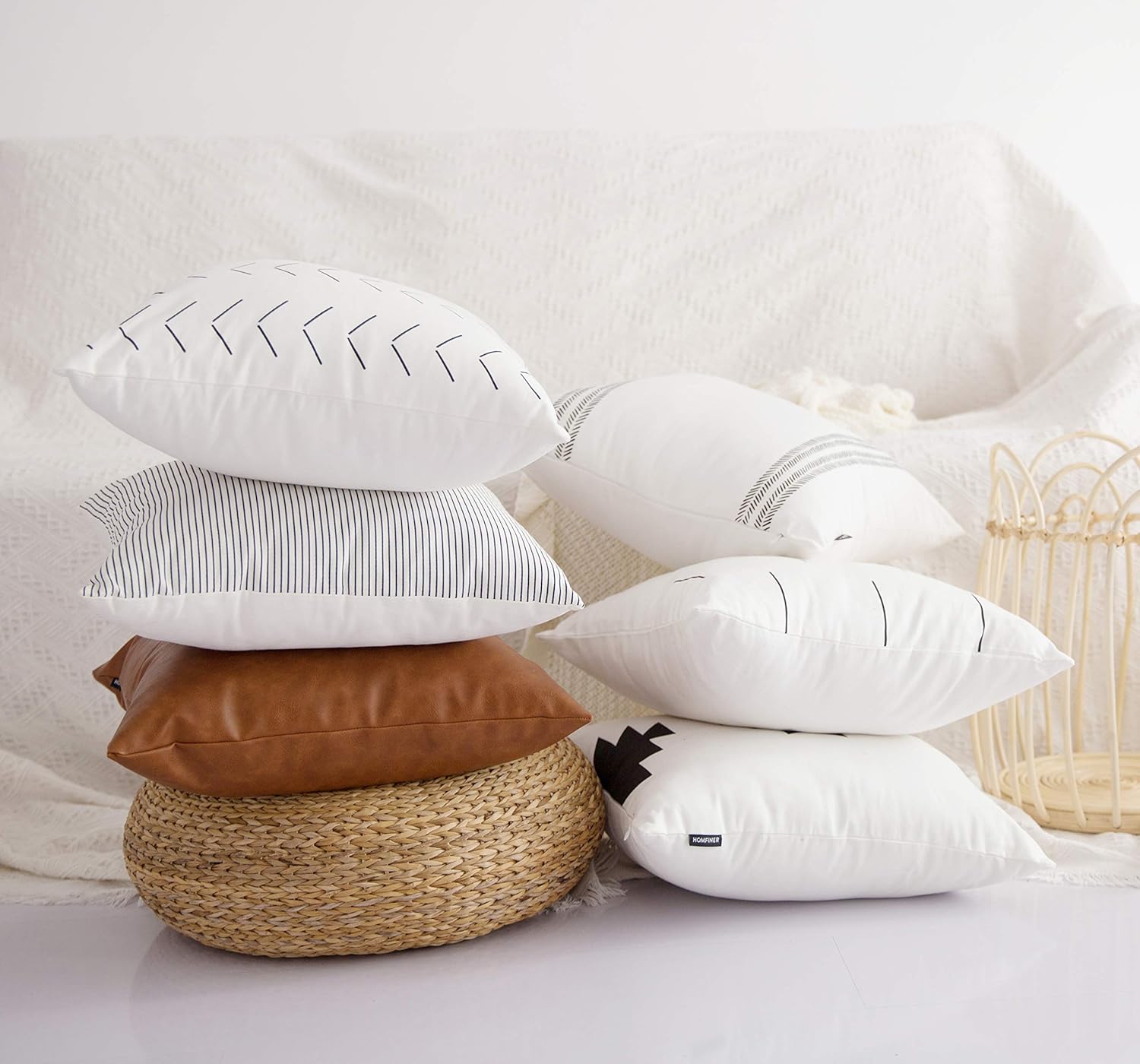 HOMFINER Decorative Throw Pillow Covers for Couch, Set of 6, 100% Cotton Modern Design Stripes Geometric Bed or Sofa Pillows Case Faux Leather 18 x 18 inch: Home & Kitchen