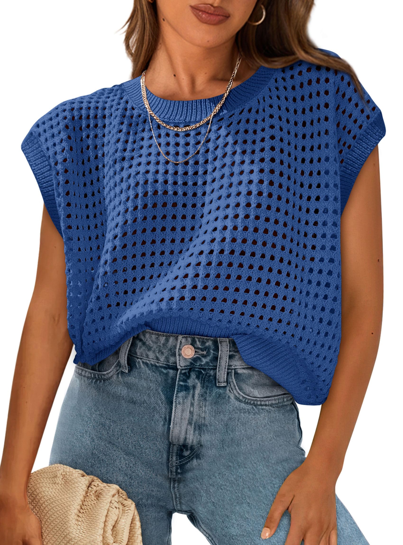 PRETTYGARDEN Womens Spring Tops 2026 Summer Shirts Crochet Cap Sleeve Sweater Pullover Cute Beach Vacation Clothes(Grey Blue,Medium) Image