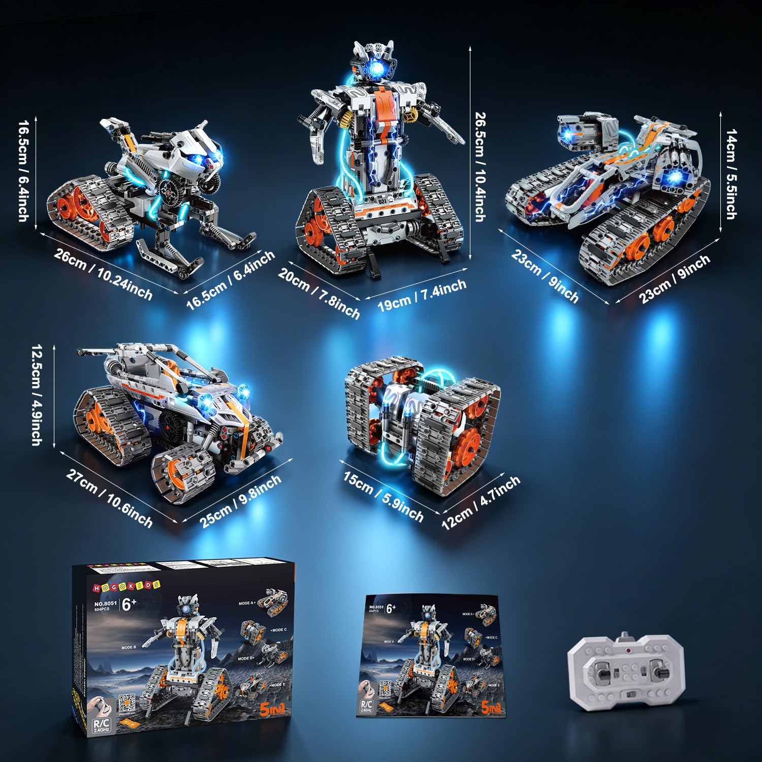 HOGOKIDS 5-in-1 Roboter Bausatz mit LED, RC-Technik Bauspielzeug mit App & Fernbedienung, Panzer-Rennwagen, programmierbar, wiederaufladbar, Geschenk für Jungen und Mädchen von 6–12+ Jahren(604 Teile) 9