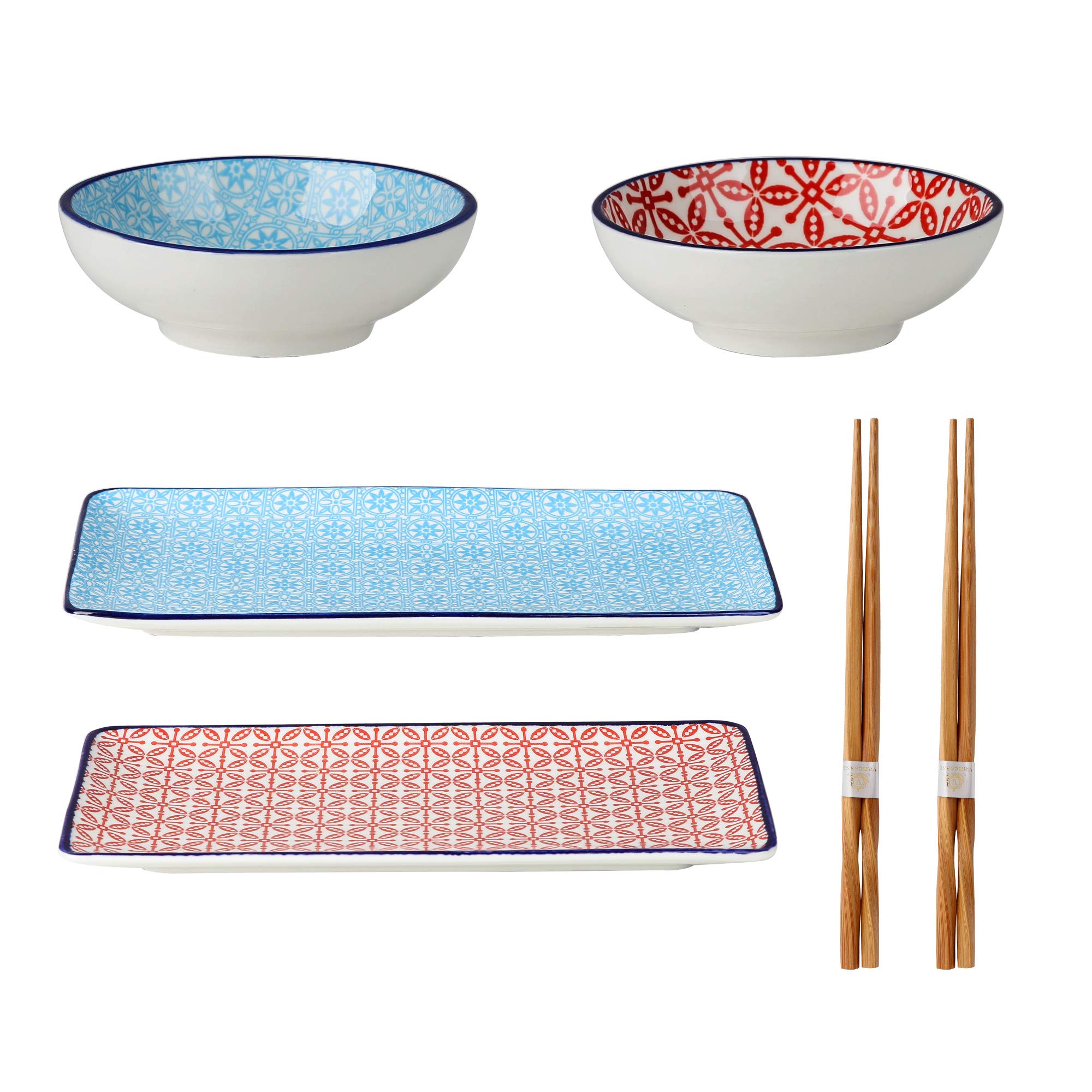 Vancasso Macaron Sushi Set Porcelain Japanese Style Hand-Painted Blue and Red, Set of 2 Sushi Plates, 2 Dip Bowls,2 Pairs of Chopsticks for Sushi