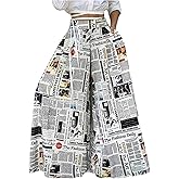 WDIRARA Women's Plus Size Newspaper Print Wide Leg Pants Elastic High Waisted Palazzo Pants with Pockets
