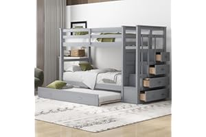 BIADNBZ Twin Over Twin Bunk Bed with Stairs, 4 Storage Drawers and Trundle, Wooden Bunkbeds with Staircase and Full-Length Guardrails, for Kids/Teens Bedroom, Gray