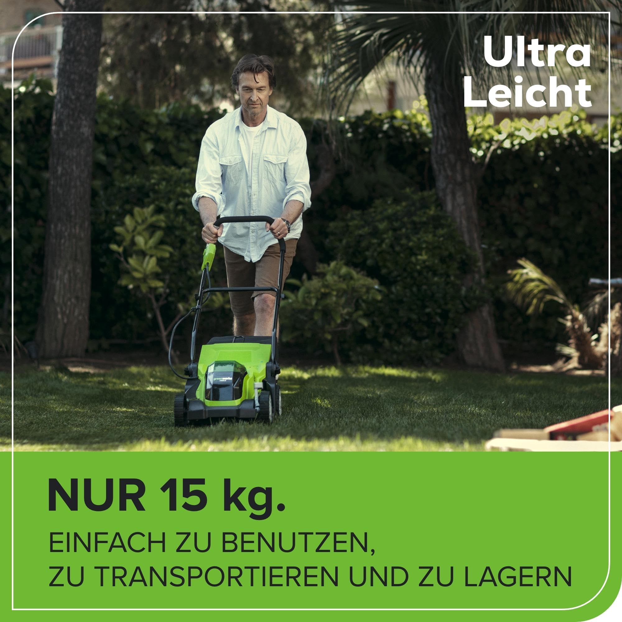 Greenworks 40V Kabelloser Akku Rasenmäher für Flächen bis zu 200 m², 35 cm Schnittbreite, 40-Liter-Sack PLUS 40 V 2Ah-Akku & Ladegerät, 3 Jahre Garantie-G40LM35K2 5