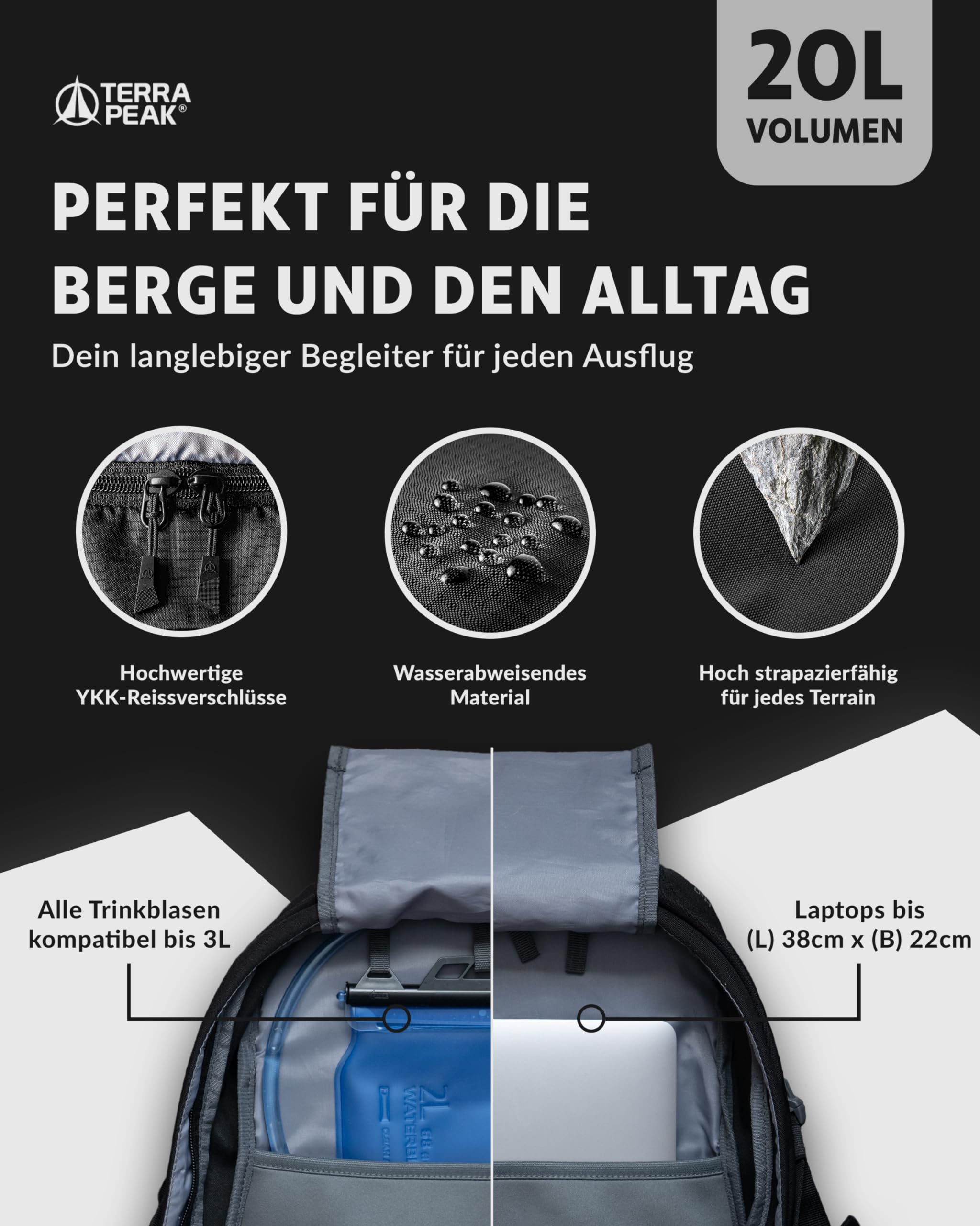 Terra Peak® Premium Wanderrucksack 20L (FLEX 20) Damen Herren & Erwachsene klein schwarz - Trekking-Rucksack wasserdicht - Daypack Rucksack & Tagesrucksack mit Trinksystem, Rückenbelüftung zum Wandern 5
