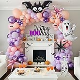 Pastel Halloween Birthday Balloon Garland arch Kit 130 Pcs Purple Pink Orange Balloons + Bat Ghost Mylar Balloons for Spooky Halloween Arch Booday Summerween birthday Party Decorations