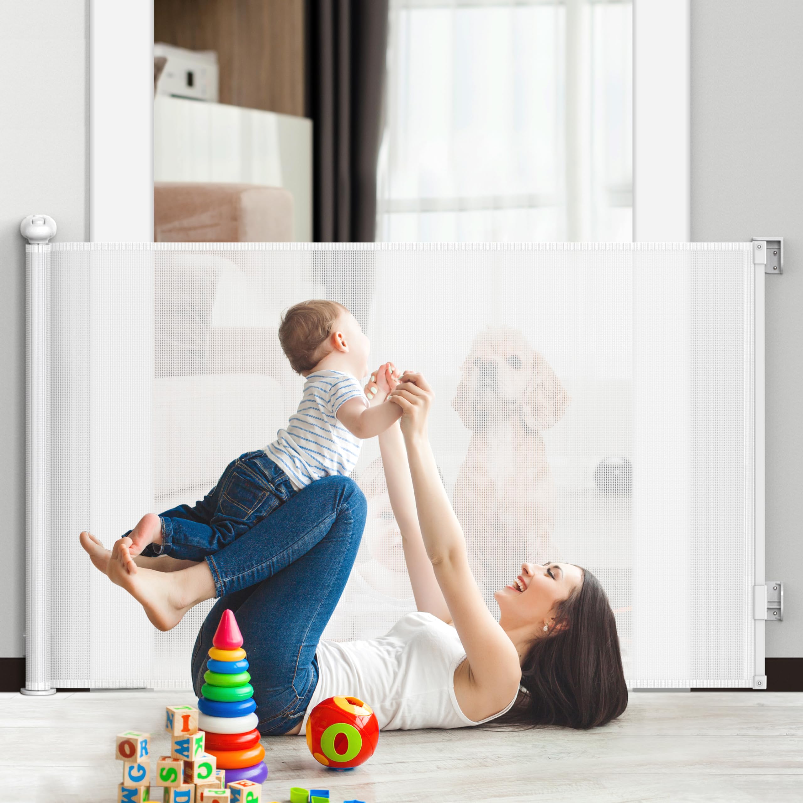 1st Deer Retractable Child Gate Extends up to 140cm/ 55”, One-Hand Operation Baby Gate for Doorways, Stairways & Hallways, Indoor & Outdoor, Door & Stair Gate for Baby, Dogs & Cats, White