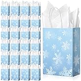 Jectivs 24Pack Party Gift Bags,Large Thick Kraft White Snowflake Ice Blue Treat Bags w/ White Tissue, Goodie Favor Bags w/ Handles Winter Onederland Holiday Party Supplies