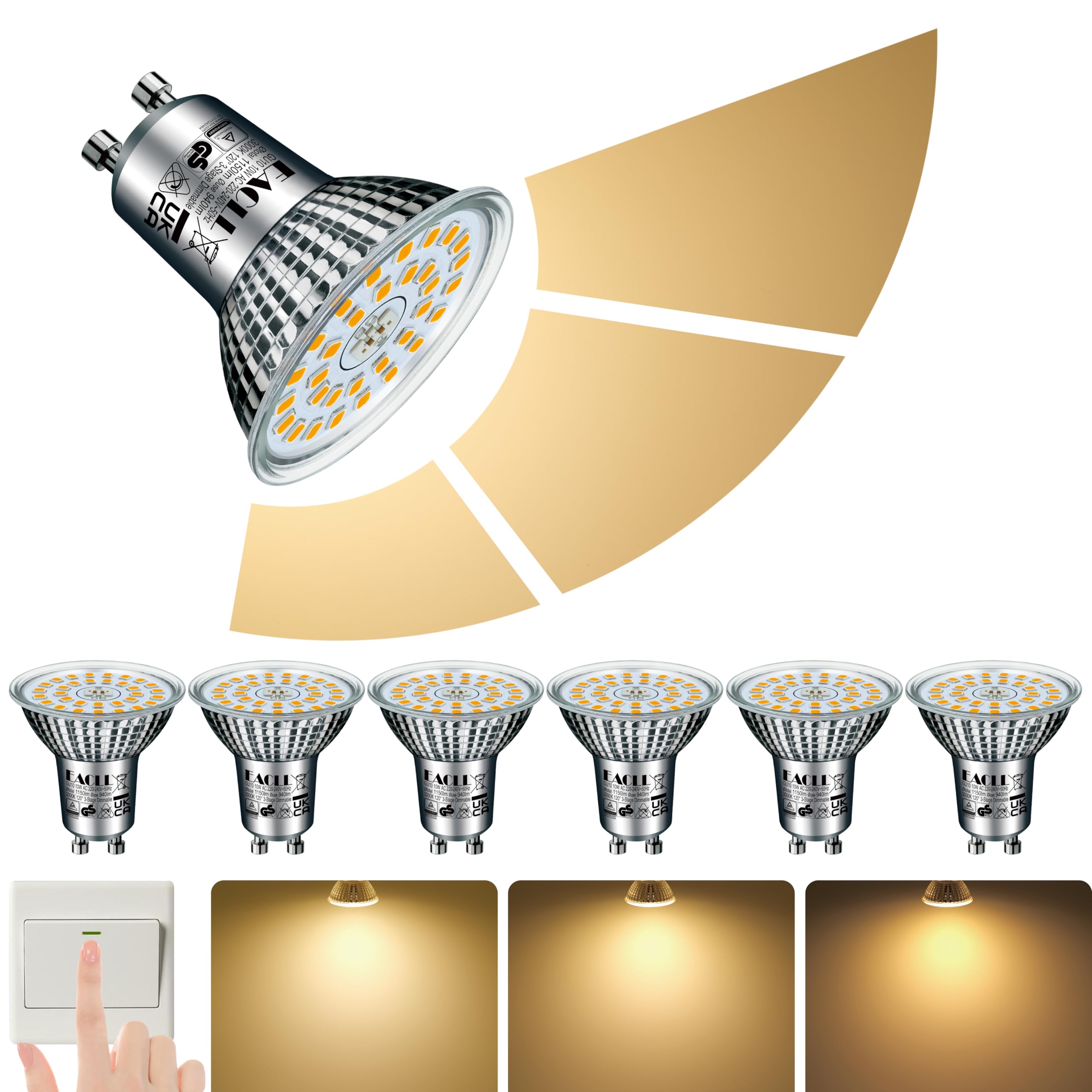 EACLL GU10 LED Bulbs 3-Step Dimmable 3-Brightness, 10W 3000K Warm White, Pack of 6, 940lm Equivalent 125W Halogen Spotlight, 120° Flicker-Free Reflector Lamp, Dimmable Without Dimmer Switch