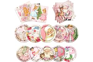 Dydamud Pink Christmas Decorations,Retro Angel Sisters Tableware Sets Vintage Santa Party Plates and Wishing Tree Napkins for Winter Xmas Holiday Party Favors