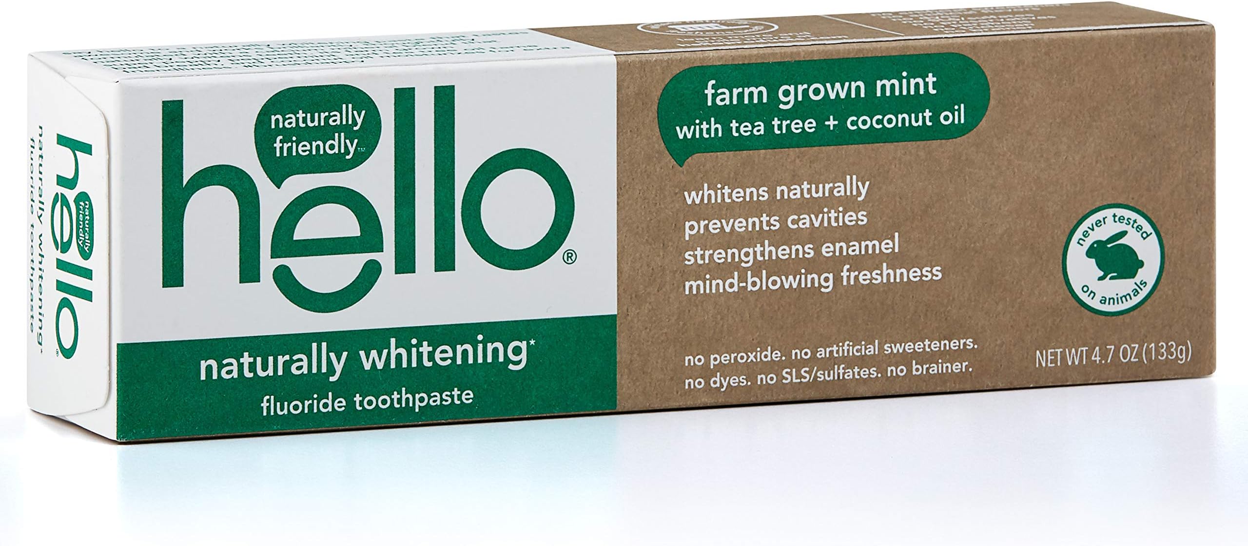 Hello Oral Care Naturally Whitening Fluoride Toothpaste, Vegan & SLS Free, Farm Grown Mint with Tea Tree Oil & Coconut Oil, 4.7 Ounce
