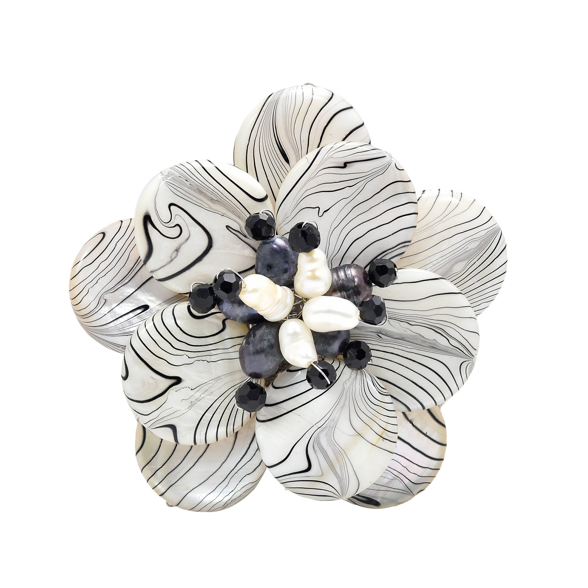 Zebra Painted Natural Mother of Pearl Floral Pin-Brooch
