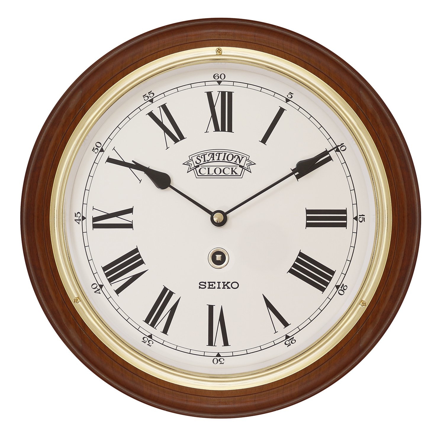 Seiko Dark Wooden Quartz/Battery Round Station Wall Clock with Gold Coloured Bezel, White Dial & Roman Numerals. QXA143B