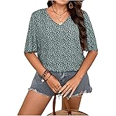 SOLY HUX Women's Plus Size Floral Print V Neck Tops Short Sleeve Shirts Loose Summer Blouses