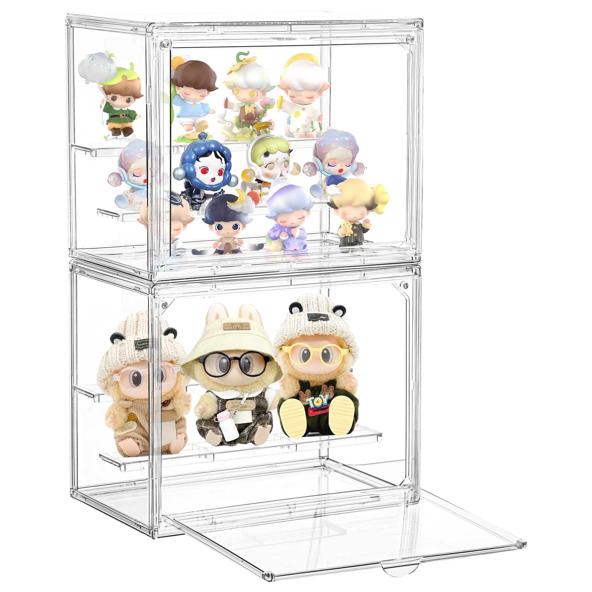 Photo 1 of Acrylic Display Case,3 Layer Clear Display Case Adjustable Display Box Stand with 2 Movable Dividers 2 Pack Small Showcase Magnetic Door for Collections Mini Figures