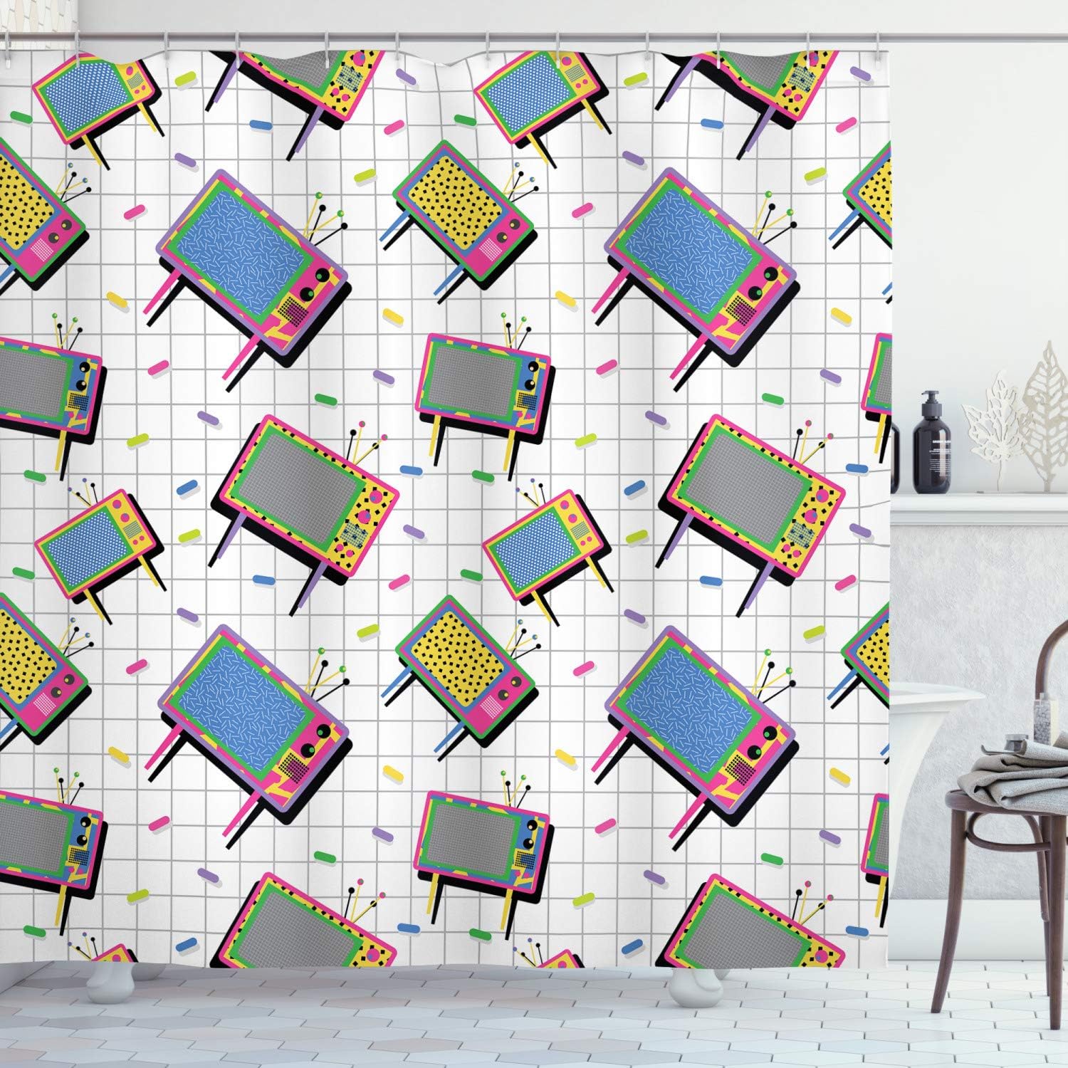 Amazon Com Ambesonne Vintage Shower Curtain Funny Retro 80s Memphis Neon Color Tv With Background Cartoon Style Vintage Design Cloth Fabric Bathroom Decor Set With Hooks 84 Long Extra Grey Blue Home