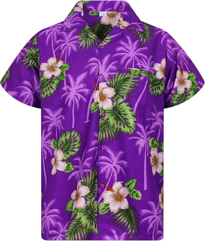 Funky Hawaiian Shirt, White Flower, Purple, M Amazon.sg Fashion