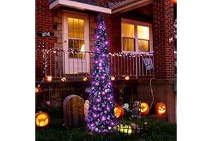 PINKSWAN 5Ft Purple Halloween Tree Decorations Indoor, 50 LED Pop Up Artificial Halloween Light up Tree with Spider Sequin, Skinny Pencil Collapsible Tinsel Tree for Home Fireplace Porch Office Party
