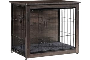 DWANTON Dog Crate Furniture with Cushion, Wooden Kennel Table with Double Doors, Indoor Dog House, Small/Medium/Large/Extra Large Size, 27.2" L, Dark Gray