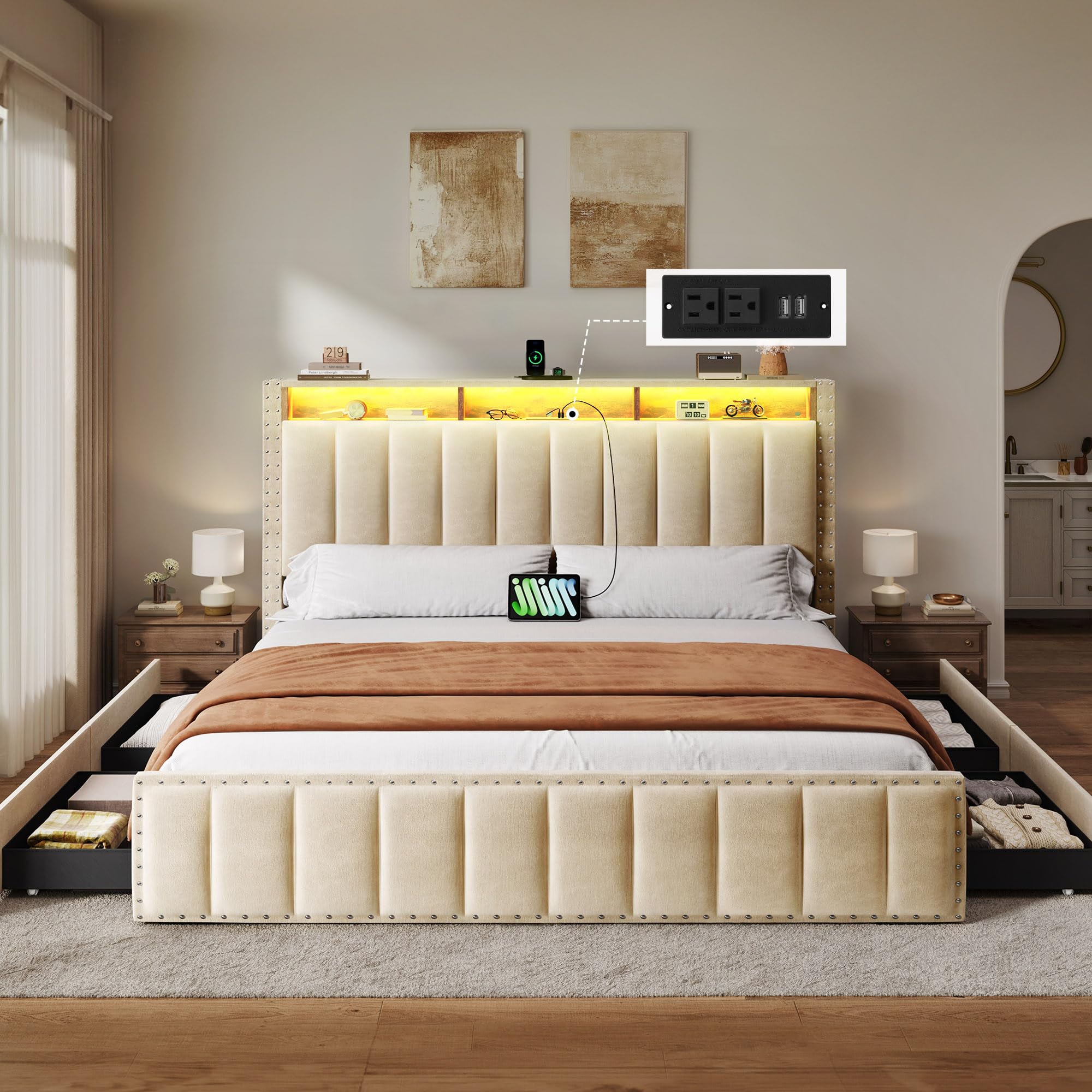 YITAHOME Full Size Bed Frame with 4 Storage Drawers and RGB LED Lights ...