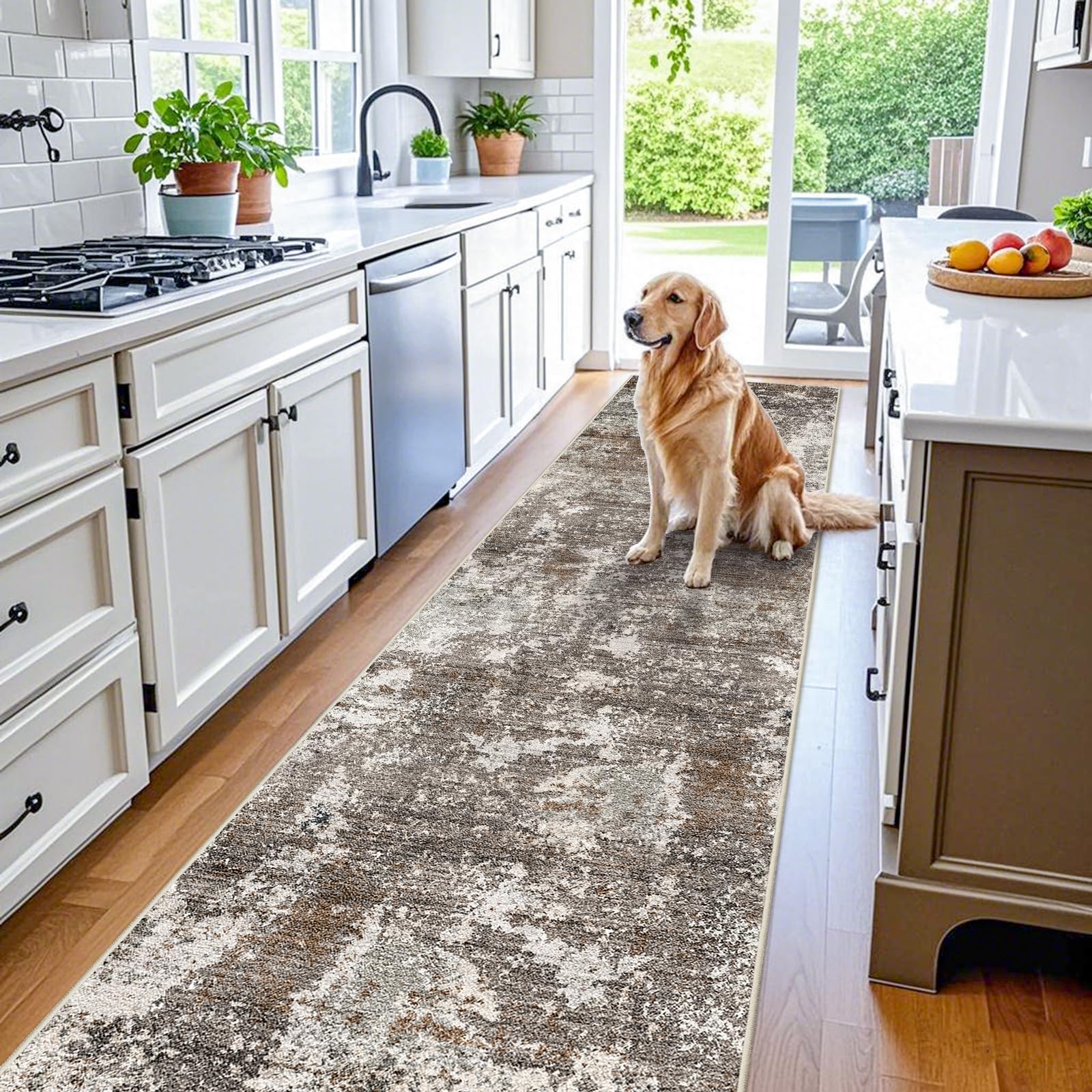 Photo 1 of 3x10 ft Long Hallway Runner Rug – Non-Slip Washable Kitchen Floor Rug with Rubber Backing, Modern Low Pile Thin Wide Carpet Runners for Bedroom, Entryway Indoor (Brown Beige,3x10)