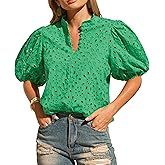 Womens Eyelet Summer Tops Lantern Short Sleeve Button V Neck Dressy Casual Blouses Hollow Out Embroidered Lace Shirts
