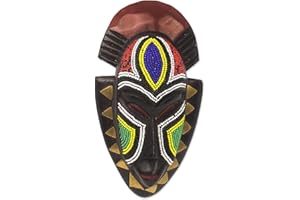 NOVICA Artisan Handmade African Wood Mask Wall with Glass Bead Brass Accent Multicolor Ghana Recycled 'Jama'