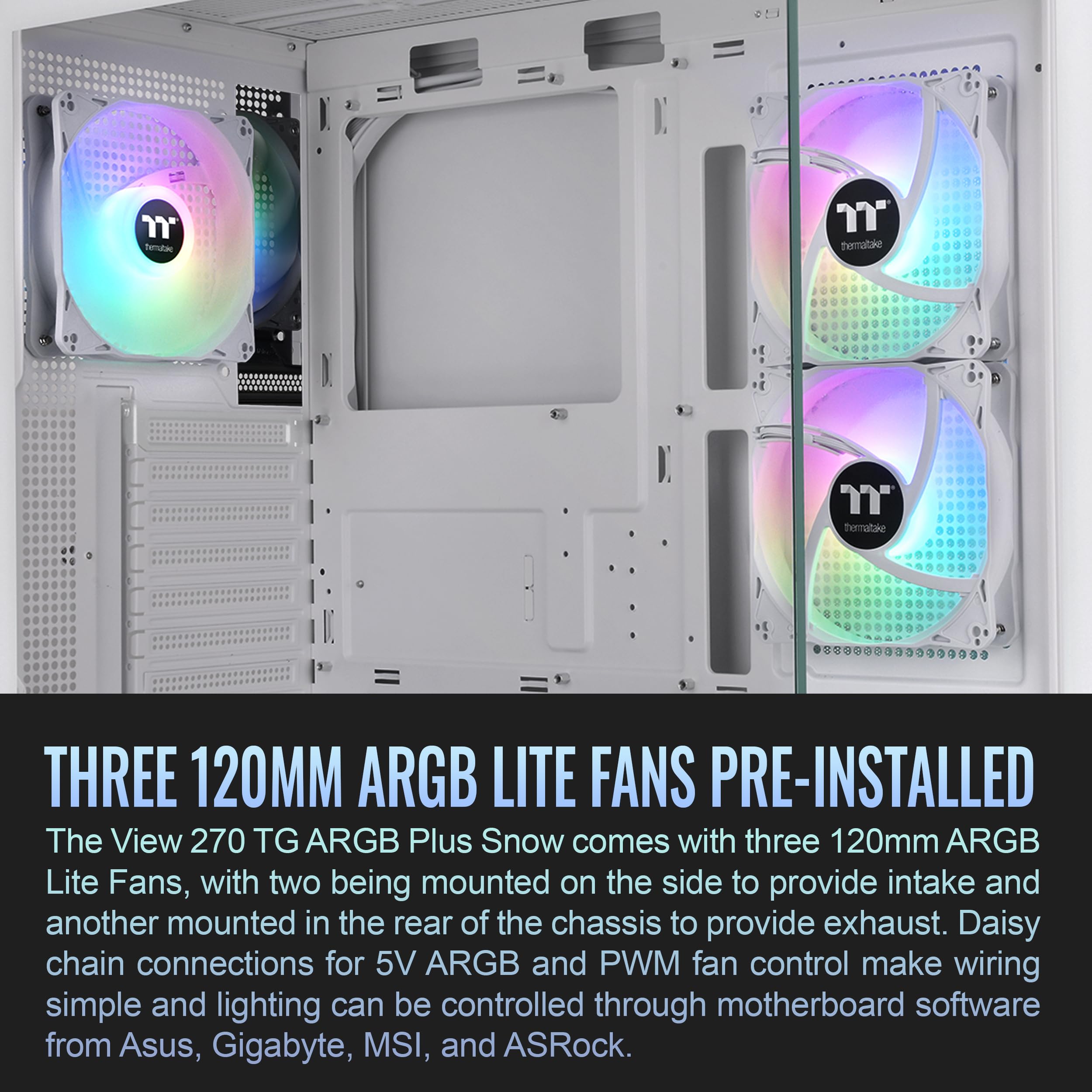 Thermaltake View 270 Plus TG ARGB Snow Mid Tower E-ATX Case; 3x120mm ARGB Fans Included; Support Up to 360mm Radiator; Front & Side Dual Tempered Glass Panel; CA-1Y7-00M6WN-AZ; 3 Year Warranty