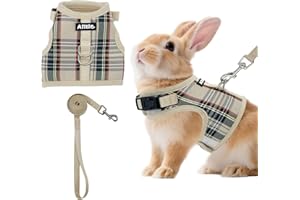AIITLE Breathable Rabbit Harness and Leash Set - Plaid Pattern Padded Vest with Magic Tape Design, Dual D-Rings, Adjustable for Small Animal Pets, Indoor Outdoor Training Camping, Beige M