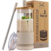 Pandaloo® Glass Cups With Lids and Straws -20 Fl Oz- Perfect Size Iced Coffee Cup - Smoothie Cup With Bamboo Lid and On the go Lid (Creamy Mushroom, 1 Count (Pack of 1)